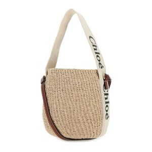 Cream Woven Shoulder Bag with Leather Trim